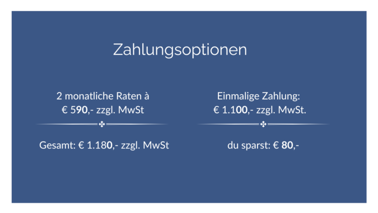 Grafik mit den Zahlungsoptionen für das Einzelcoaching-Programm „Bleiben oder gehen“ von Jenny Christoffel, Beziehungscoach & Paarberaterin online und in Hilden bei Düsseldorf – mit Informationen zu Einmalzahlung und Ratenzahlung.