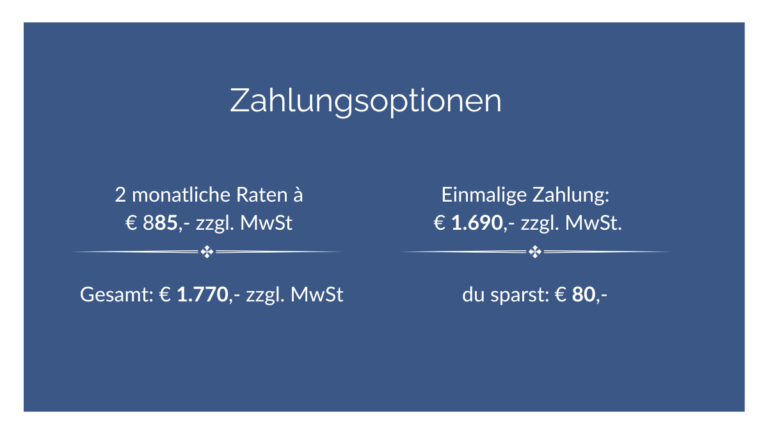 Grafik mit den Zahlungsoptionen für das Paarcoaching-Programm „Bleiben oder gehen“ von Jenny Christoffel, Beziehungscoach & Paarberaterin online und in Hilden bei Düsseldorf – mit Informationen zu Einmalzahlung und Ratenzahlung.
